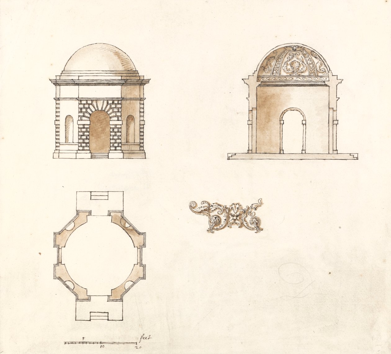 Ottekantet tempel i Shotover Park, Oxfordshire: Plan, snit og elevation af William Kent
