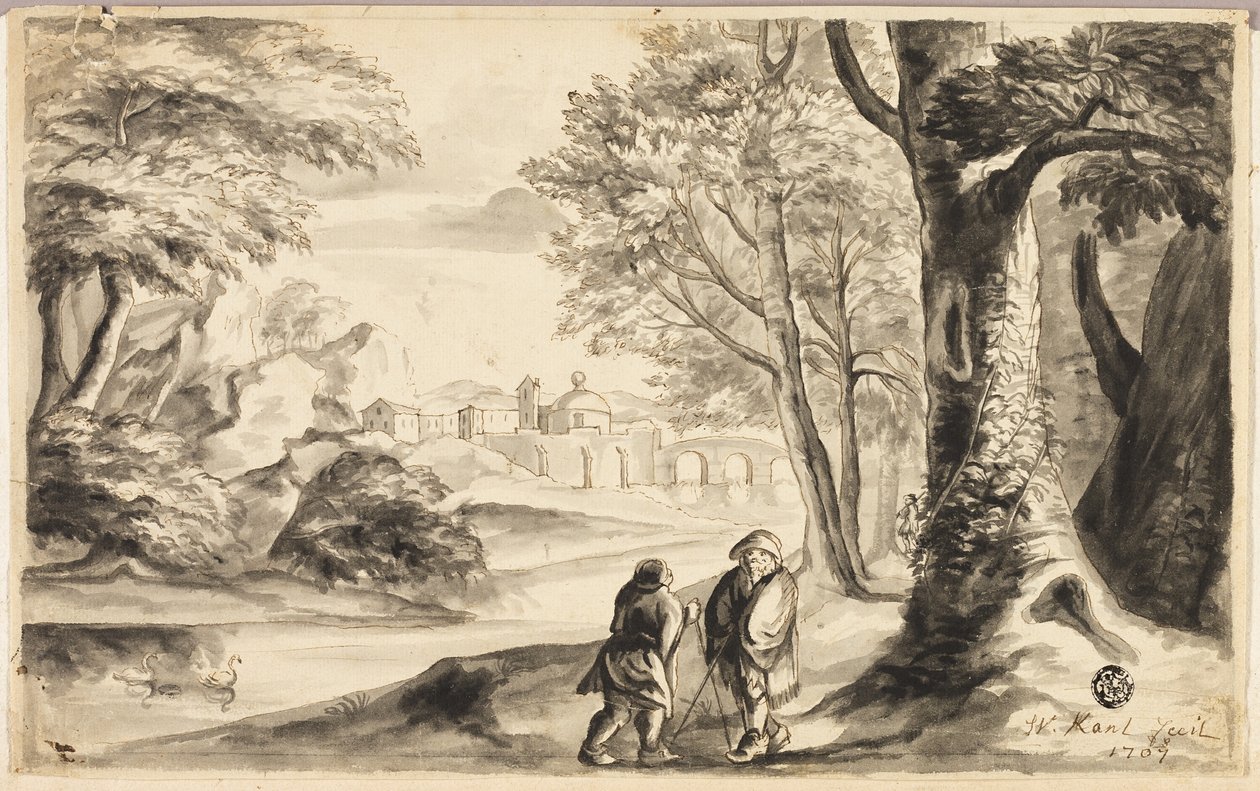 To rejsende under træ med landsby og bro i afstand af William Kent