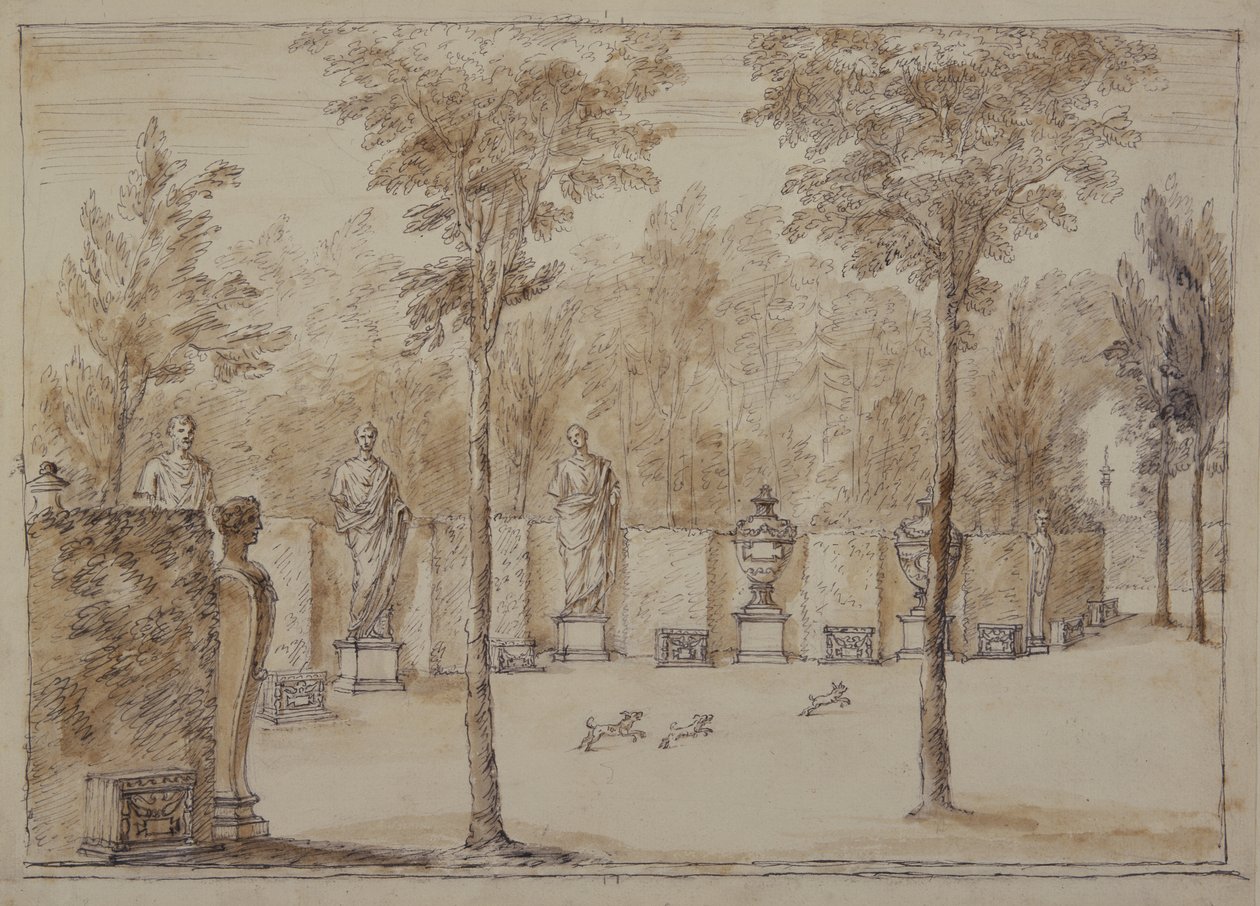 Udsigt til Exedra ved Chiswick (pen og blæk med brun vask på papir) af William Kent