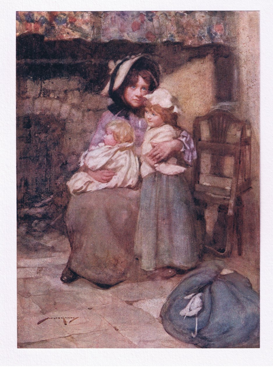 Og kyssede hendes tankeløse unger med mange tårer og klappede dem tæt, i sorg dobbelt kære (farve litho) af William Lee Hankey