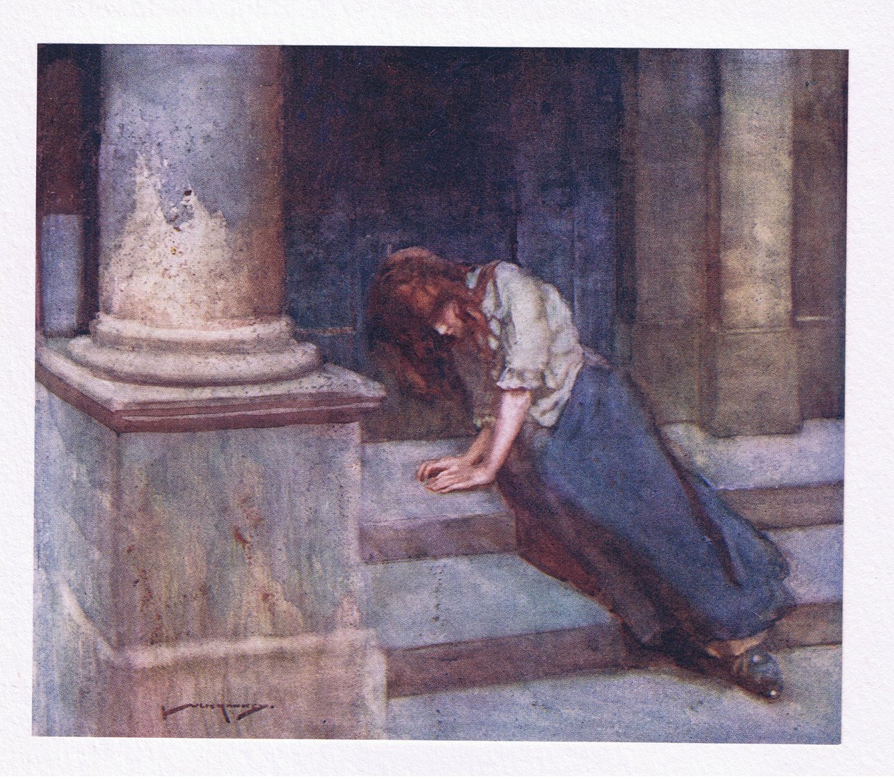 Og, klemt af kulde og krympende fra bruseren, beklager med tungt hjerte den uheldige time (farve litho) af William Lee Hankey