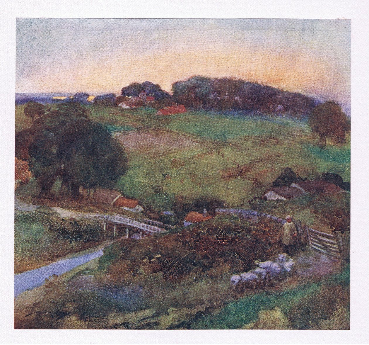 Hvis han til nogle almindeliges hegnsløse grænser forvildet, driver sin flok for at plukke den sparsomme klinge (farve litho) af William Lee Hankey