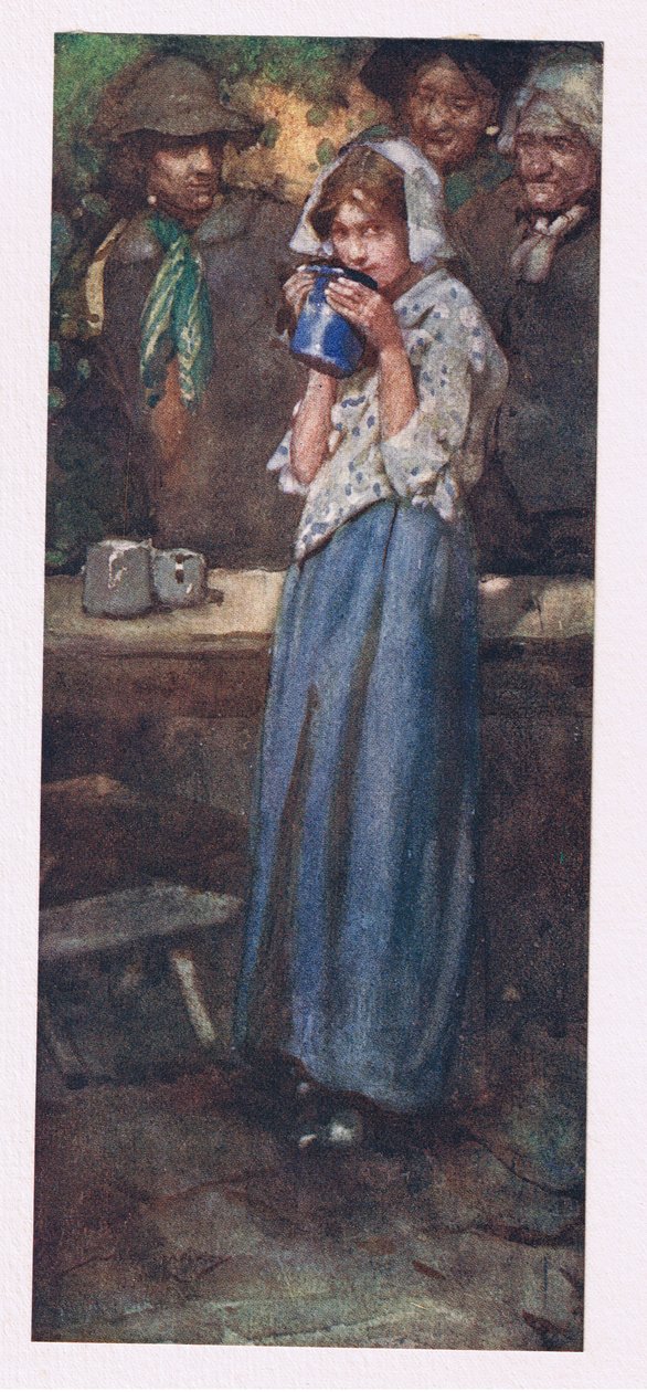 Heller ikke den tilbageholdende tjenestepige, halvt villig til at blive presset, skal kysse koppen for at lade den hvile (farve litho) af William Lee Hankey
