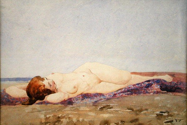 Liggende nøgen (akvarel på papir) af William Lee Hankey