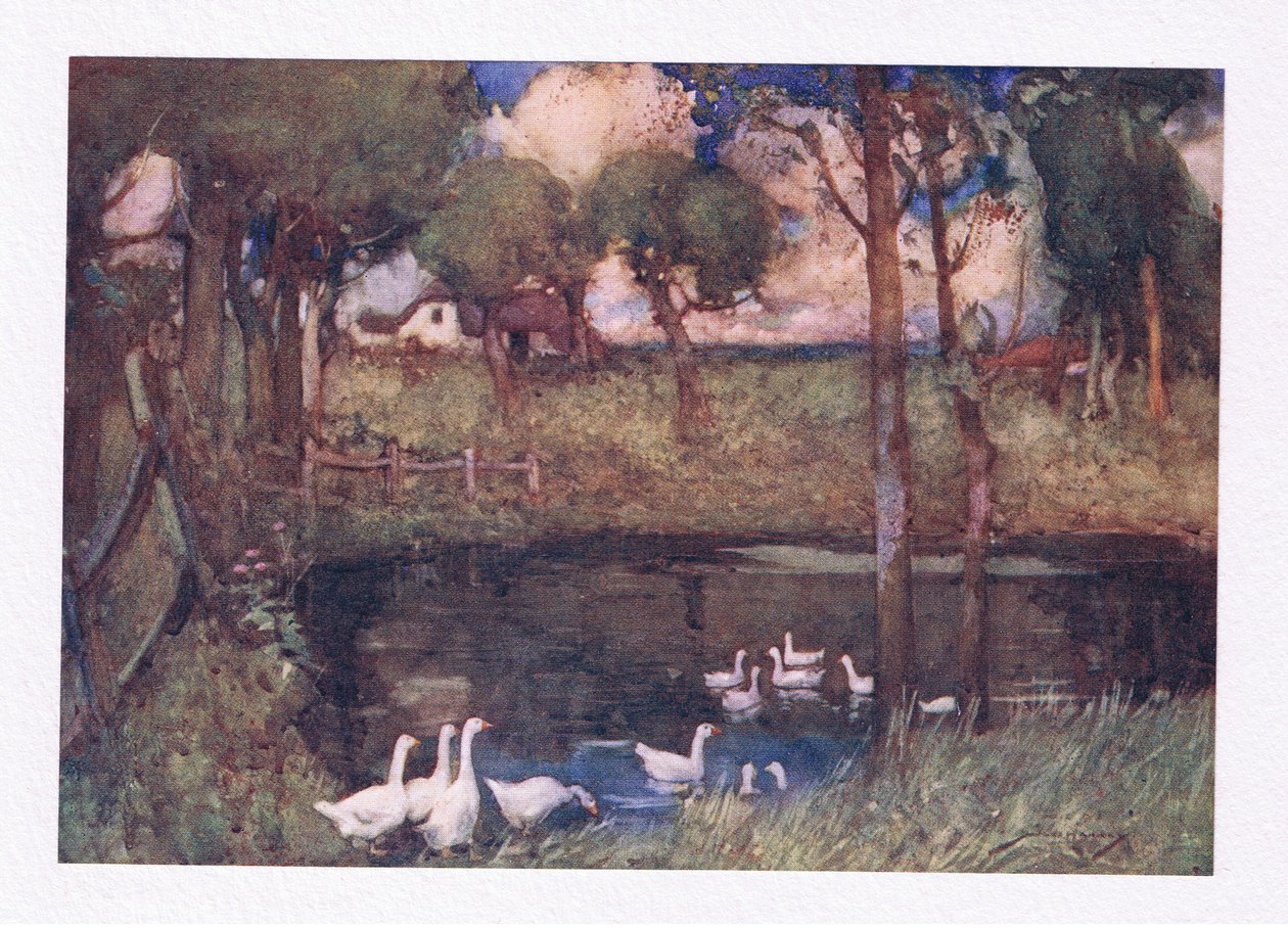 De larmende gæs, der gaflede over poolen (farve litho) af William Lee Hankey