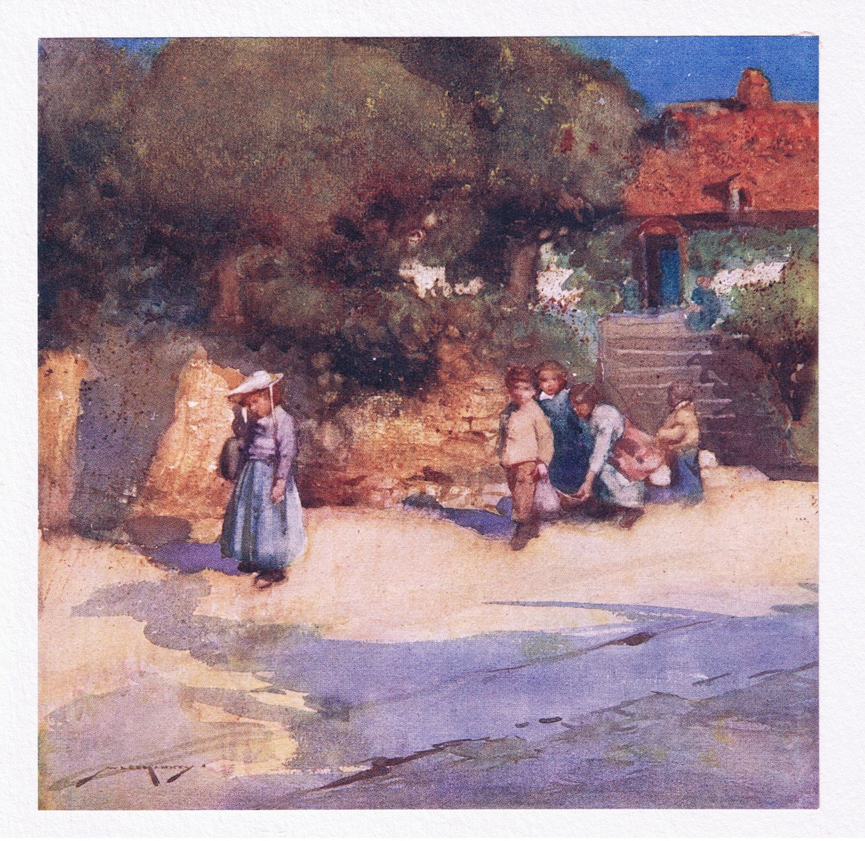 De legende børn har lige sluppet løs fra skolen (farve litho) af William Lee Hankey