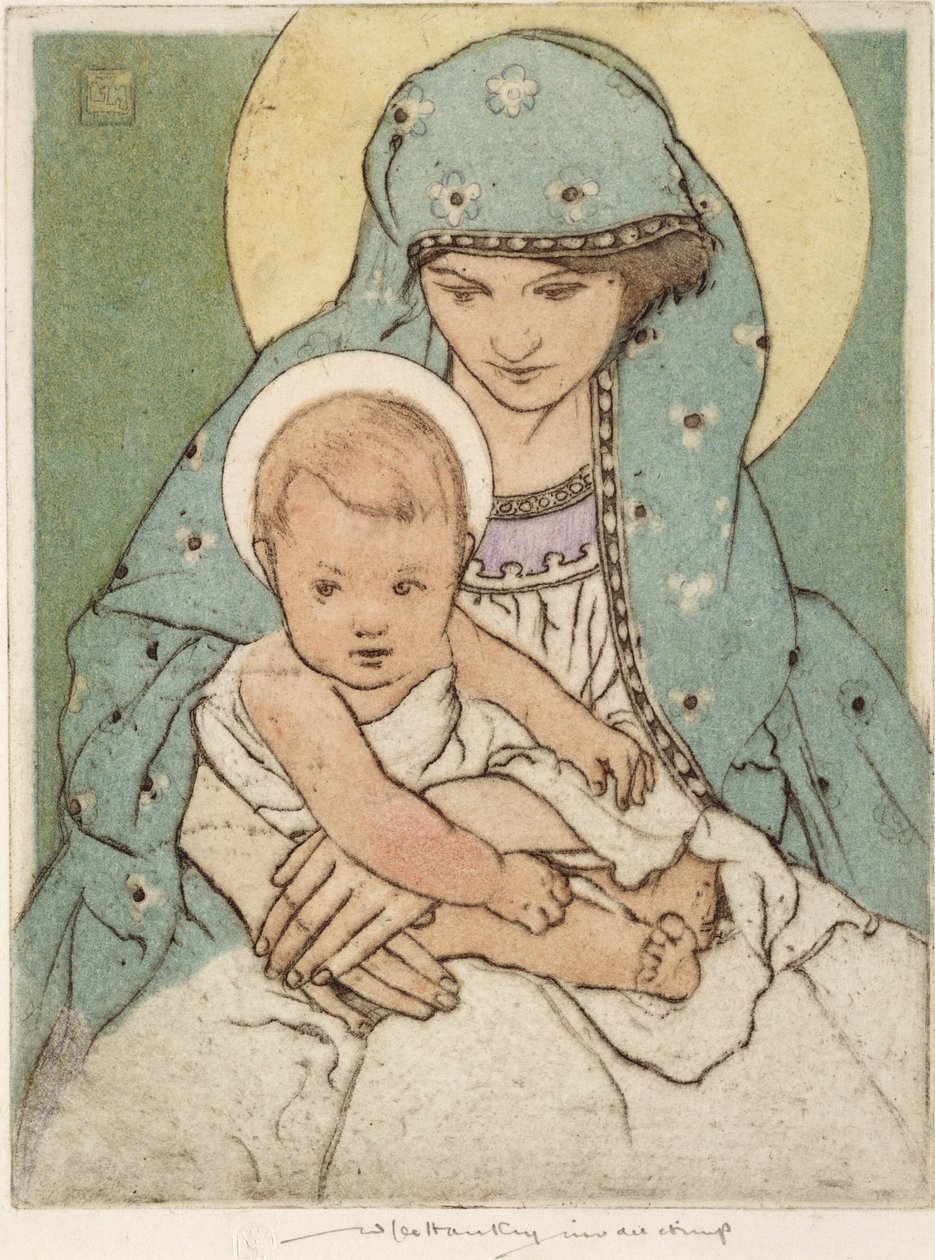 Jomfru Maria med Kristusbarnet (håndfarvet tørnål) af William Lee Hankey