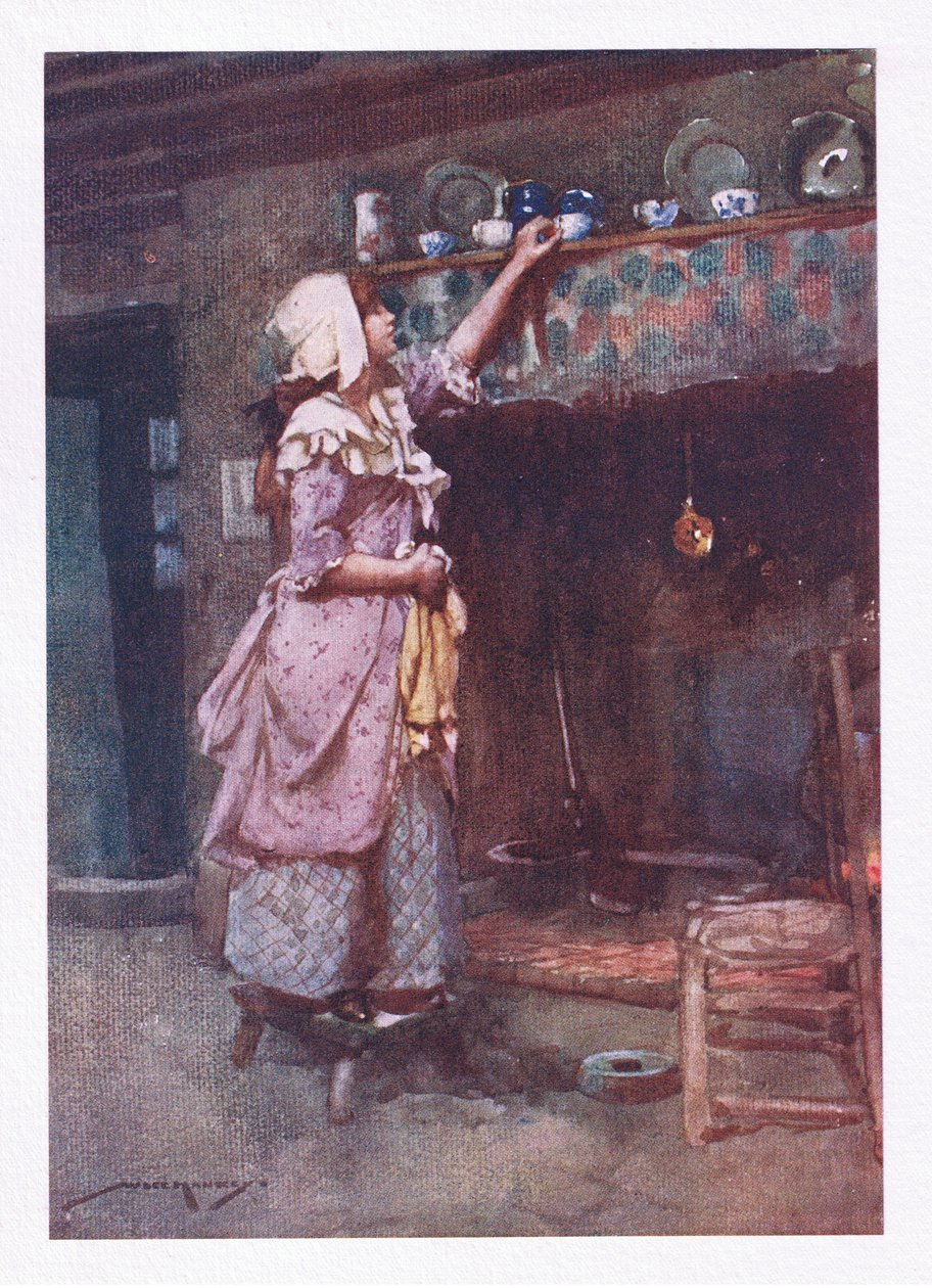 Mens knuste tekopper, klogt opbevaret til udstilling, strakte sig over skorstenen, glimtede på en række (farve litho) af William Lee Hankey
