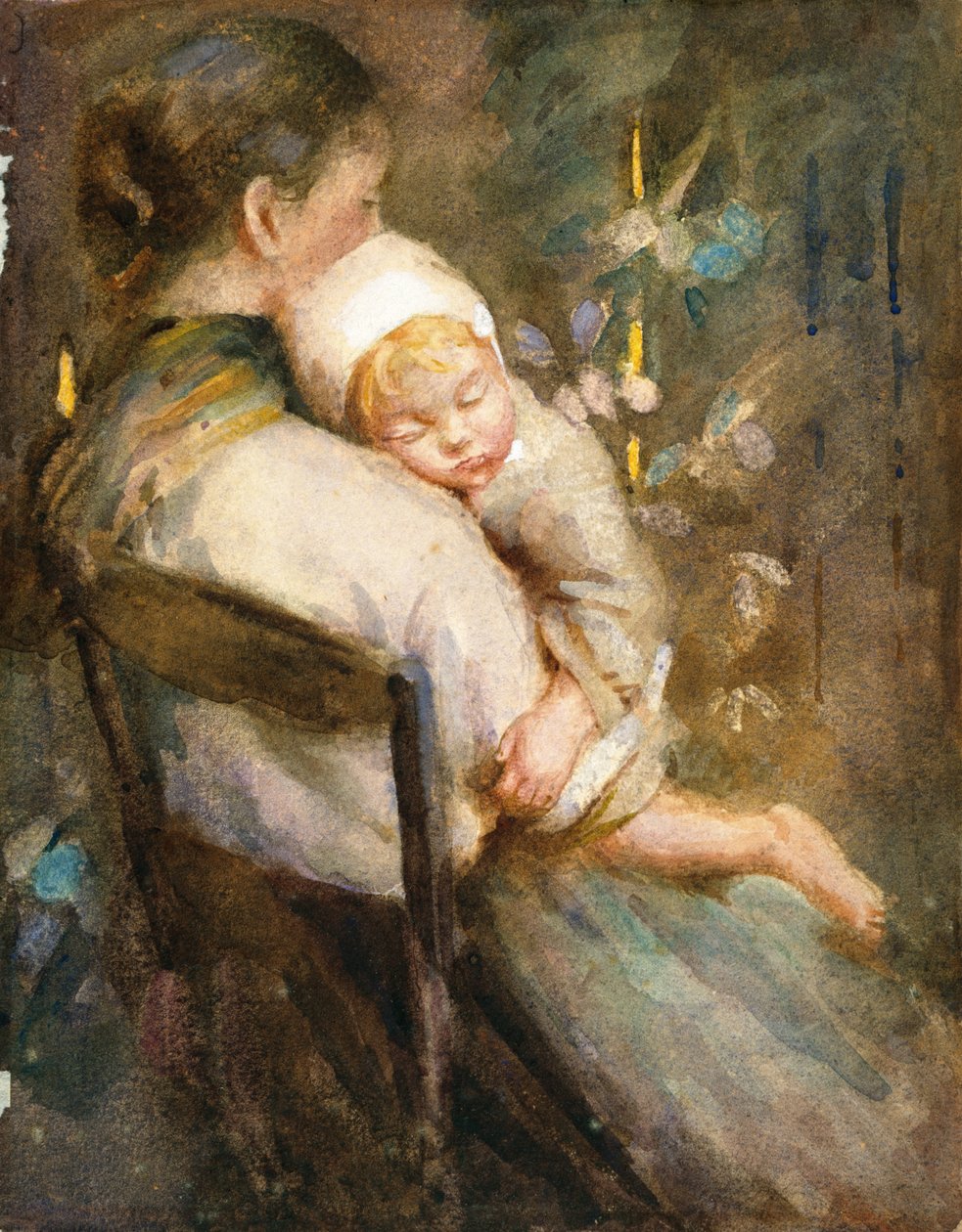Ung mor med et barn, der sover i skødet (akvarel på papir) af William Lee Hankey