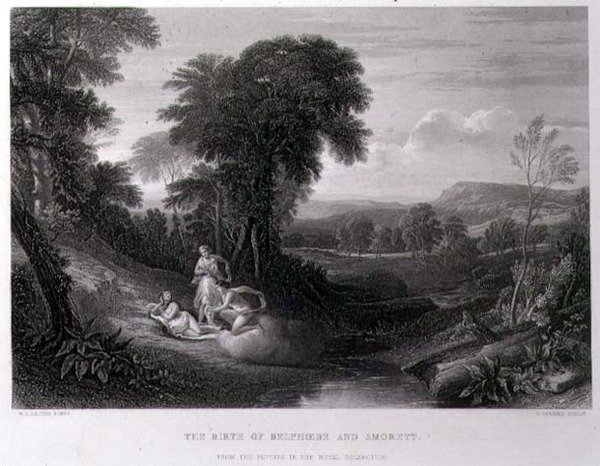 Belphoebes og Amoretts fødsel, indgraveret af John Cousen (1804-80) (gravering) af William Leighton (after) Leitch