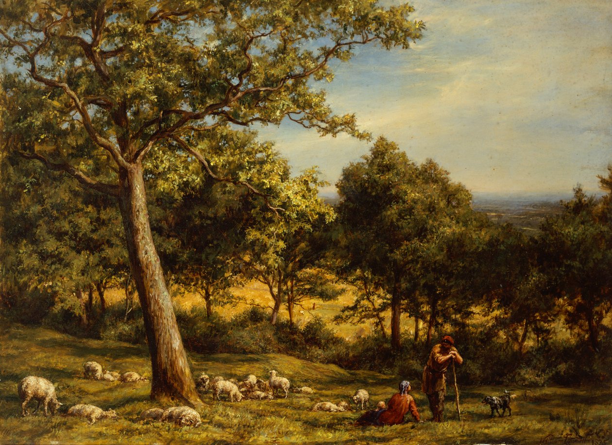En hyrde og hans flok i et solbeskinnet skovlandskab af William Linnell