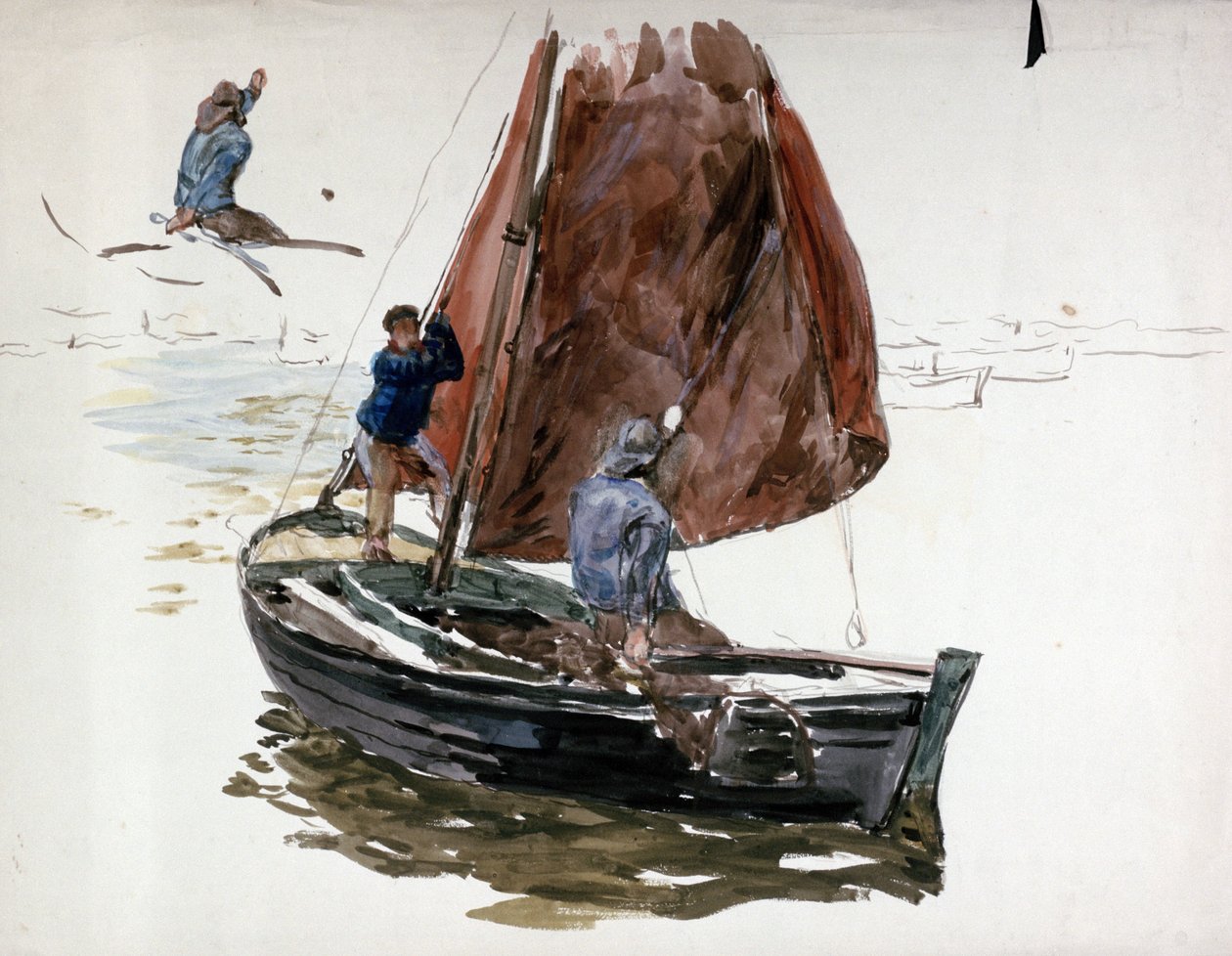 En mand og en dreng om bord på en lille sejlbåd. Akvarel af William Lionel Wyllie