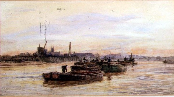 Pramme ved solnedgang (akvarel) af William Lionel Wyllie