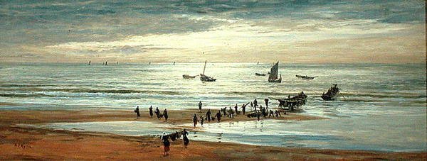 Strandscene på Frankrigs nordkyst (olie på lærred) af William Lionel Wyllie