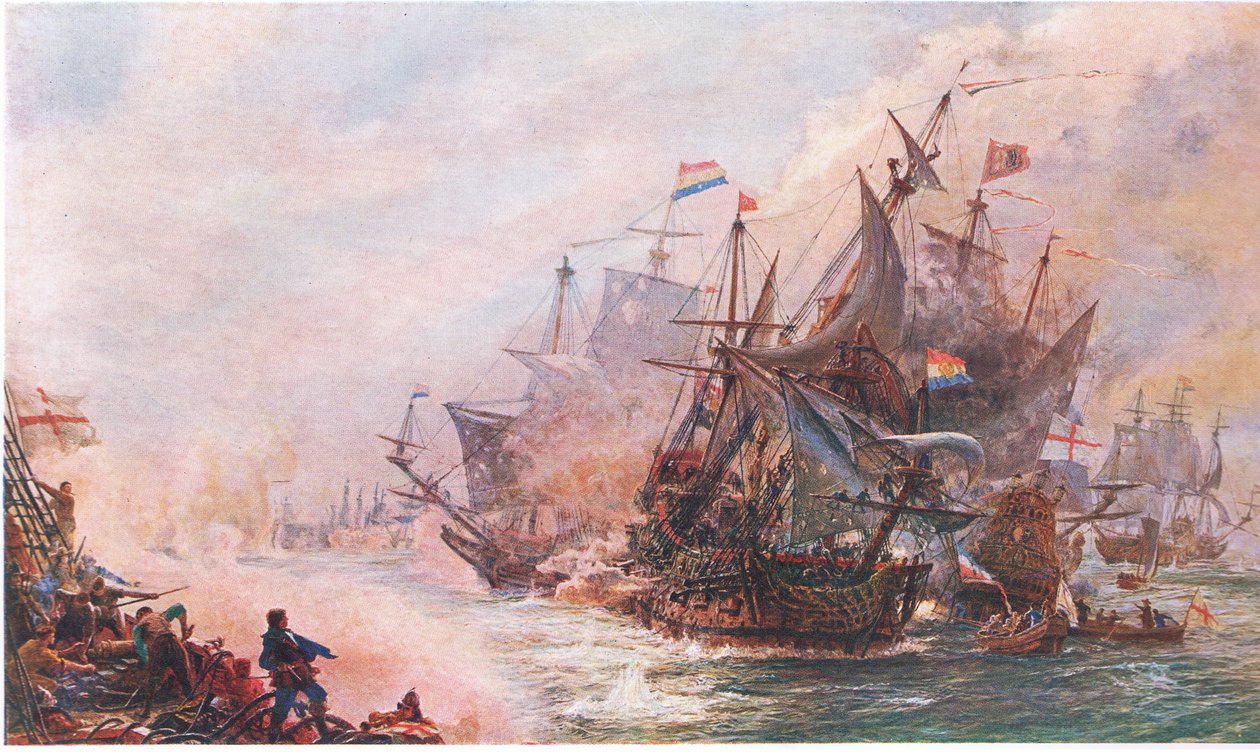 Blakes tre dages engagement med Von Tromp, fra Cassells History of the British People udgivet af Waverley Book Company Limited, ca. 1940 af William Lionel Wyllie