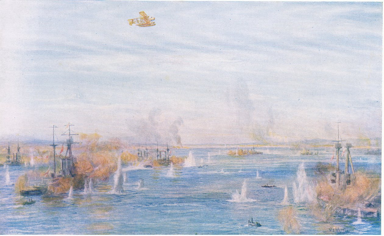 Bombarding the Narrows, 18. marts 1915, fra Cassells History of the British People udgivet af Waverley Book Company Limited, ca. 1940 af William Lionel Wyllie