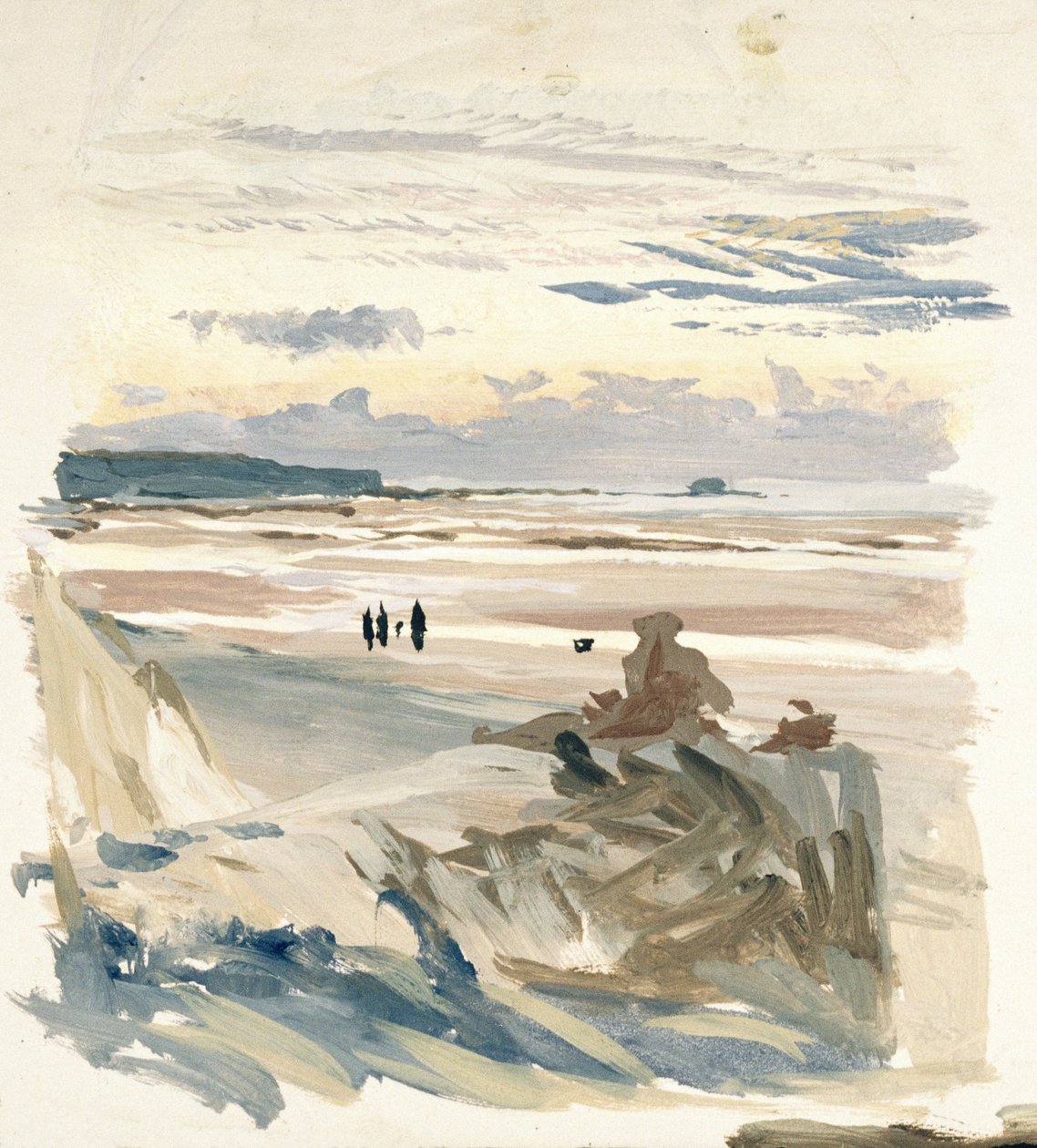 Personer på stranden, sandsynligvis i Amble (Frankrig), med silhuetten af Fort Vauban i skumringslyset af William Lionel Wyllie