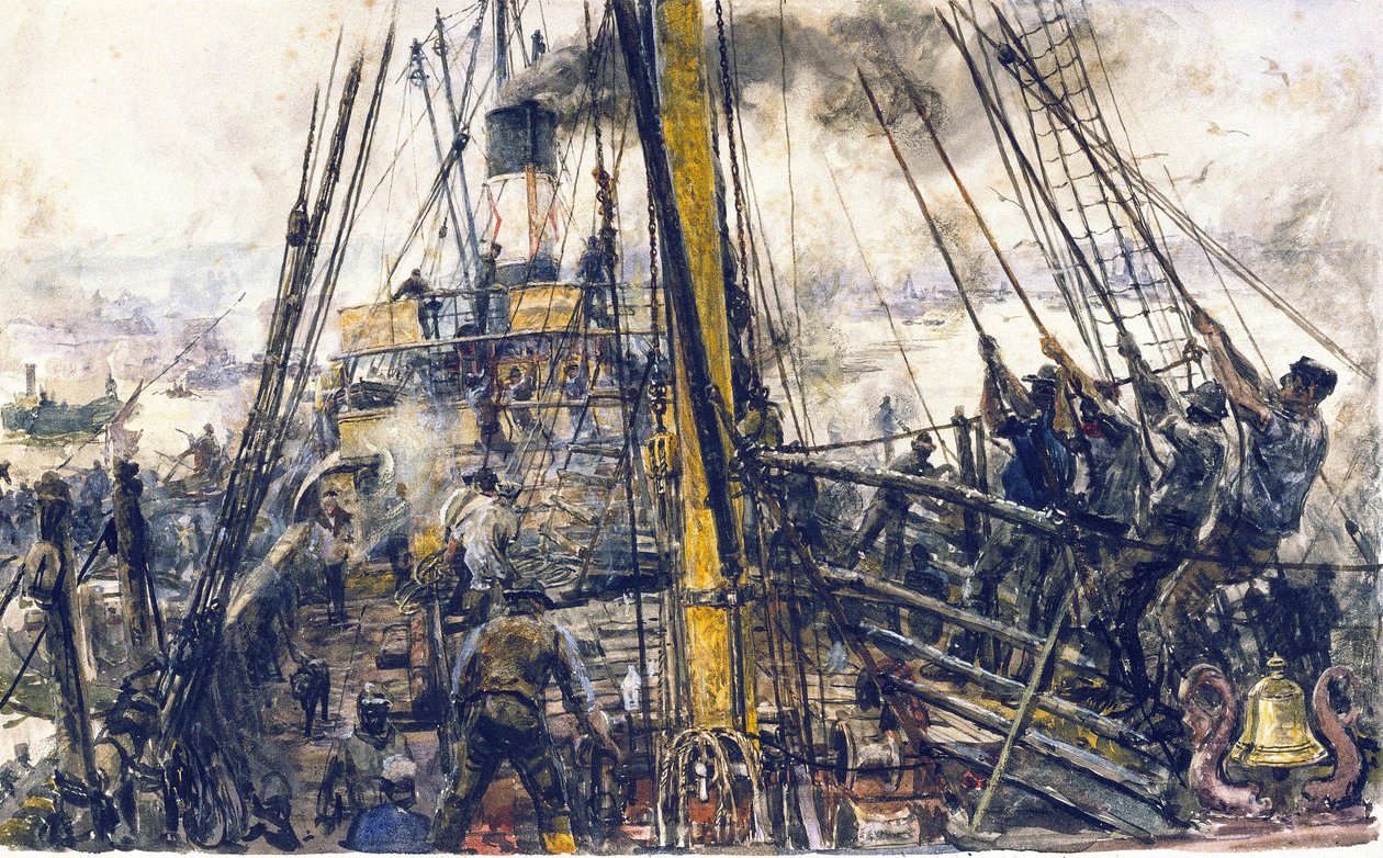 Kulplukkere om bord på en båd, der løfter kullasten fra lastrummet ved hjælp af et trissesystem af William Lionel Wyllie