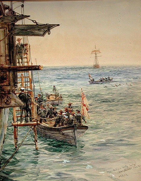 Eclipse Party forlader H.M.S. Theseus, Santa Pola (akvarel på papir) af William Lionel Wyllie