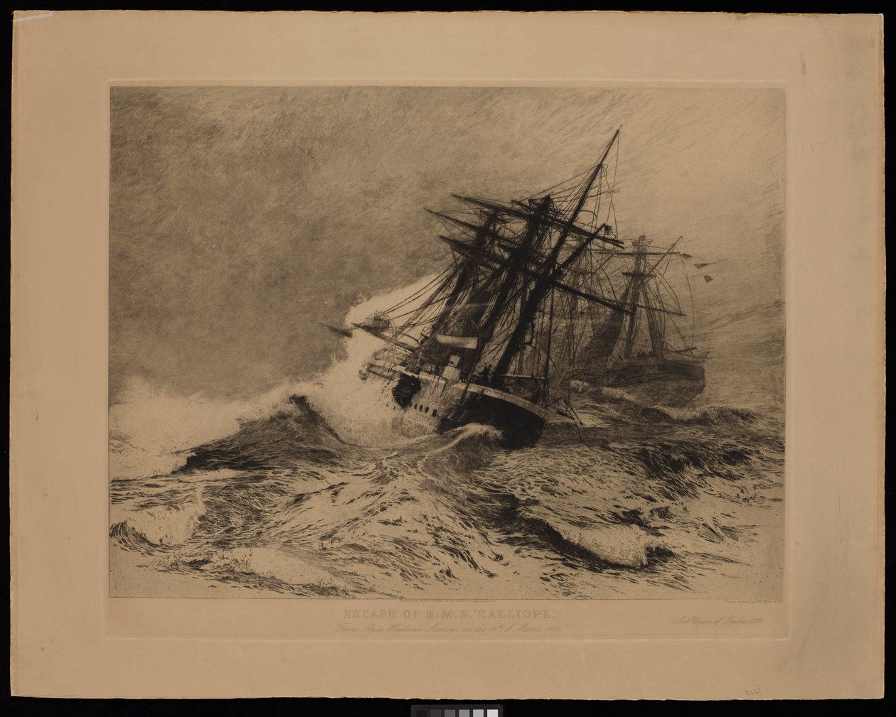 H.M.S. Calliopes flugt fra Apia Harbour Samoa den 16. marts 1889 (radering) af William Lionel Wyllie