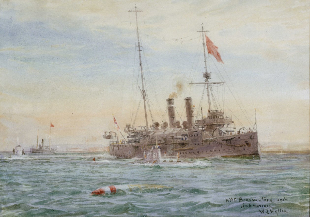 "HMS Bonaventure og ubåde" RMG PW2083 af William Lionel Wyllie