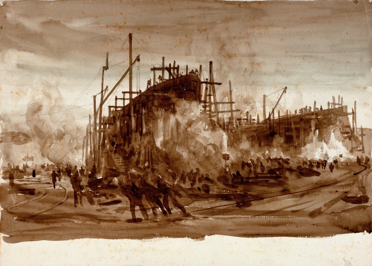 Jernskibe på havnen, ca. 1910 (brunvask) af William Lionel Wyllie