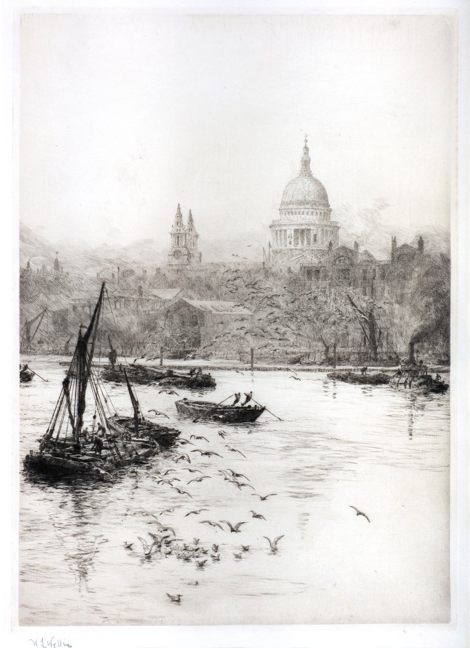 Skibsfart og måger under St Pauls (akvarel) af William Lionel Wyllie