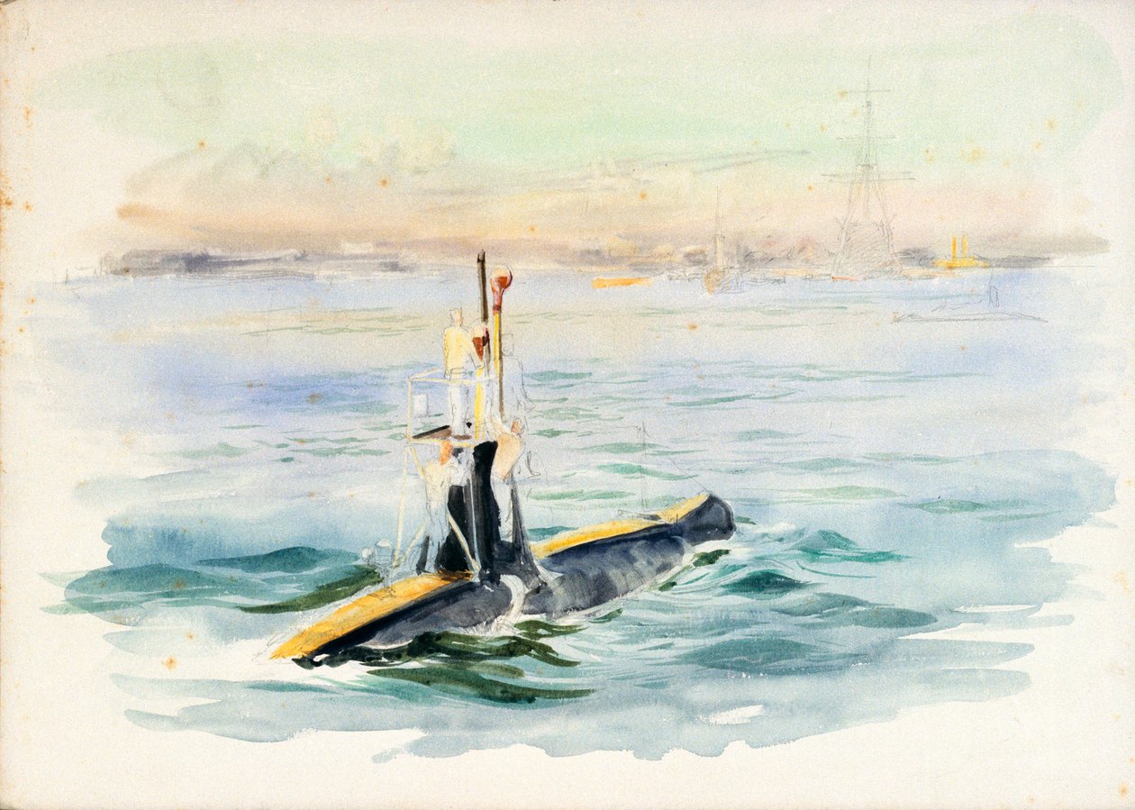Studie af en A-klasse ubåd undervejs, muligvis i Portsmouth havn, begyndelsen af det 20. århundrede (akvarel, grafit) af William Lionel Wyllie