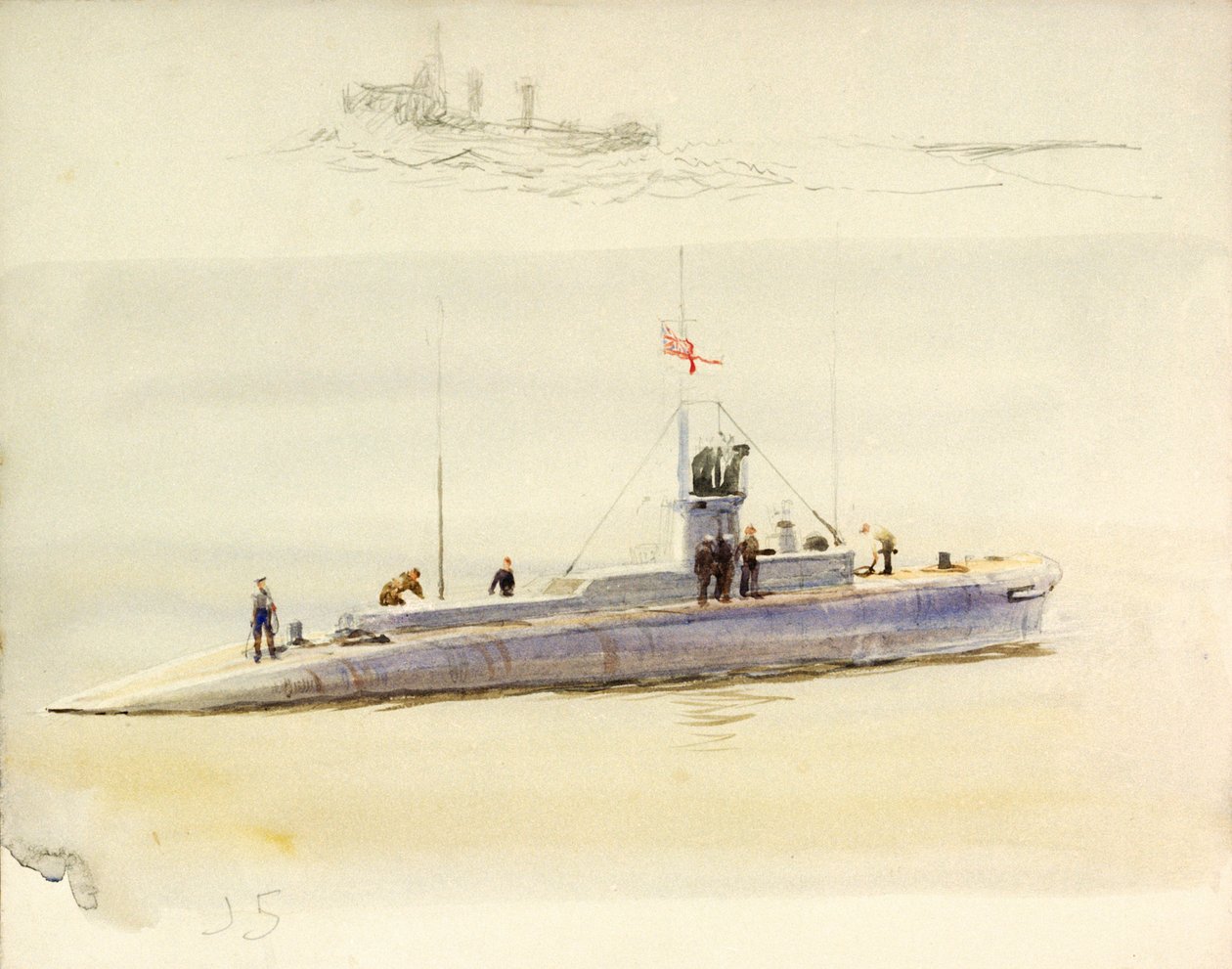 Ubåd J.5 og grovskitse af et andet kampskib, begyndelsen af det 20. århundrede (akvarel, grafit) af William Lionel Wyllie