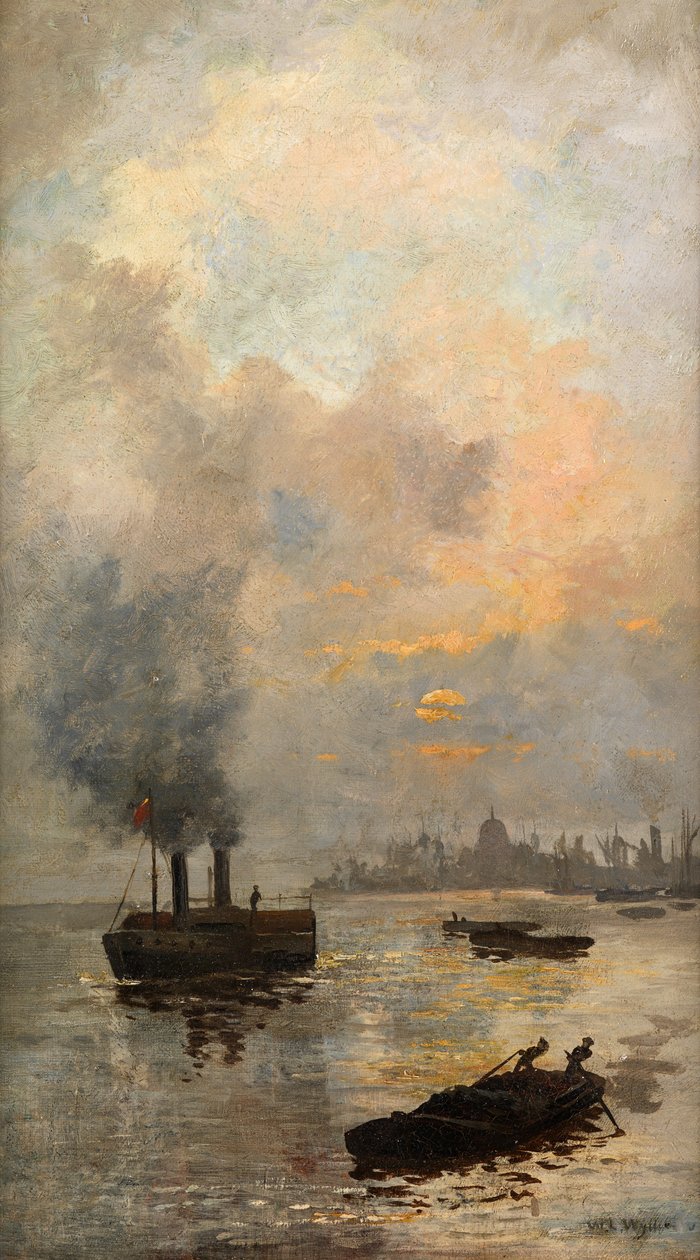 Solnedgang på Themsen (olie på lærred) af William Lionel Wyllie