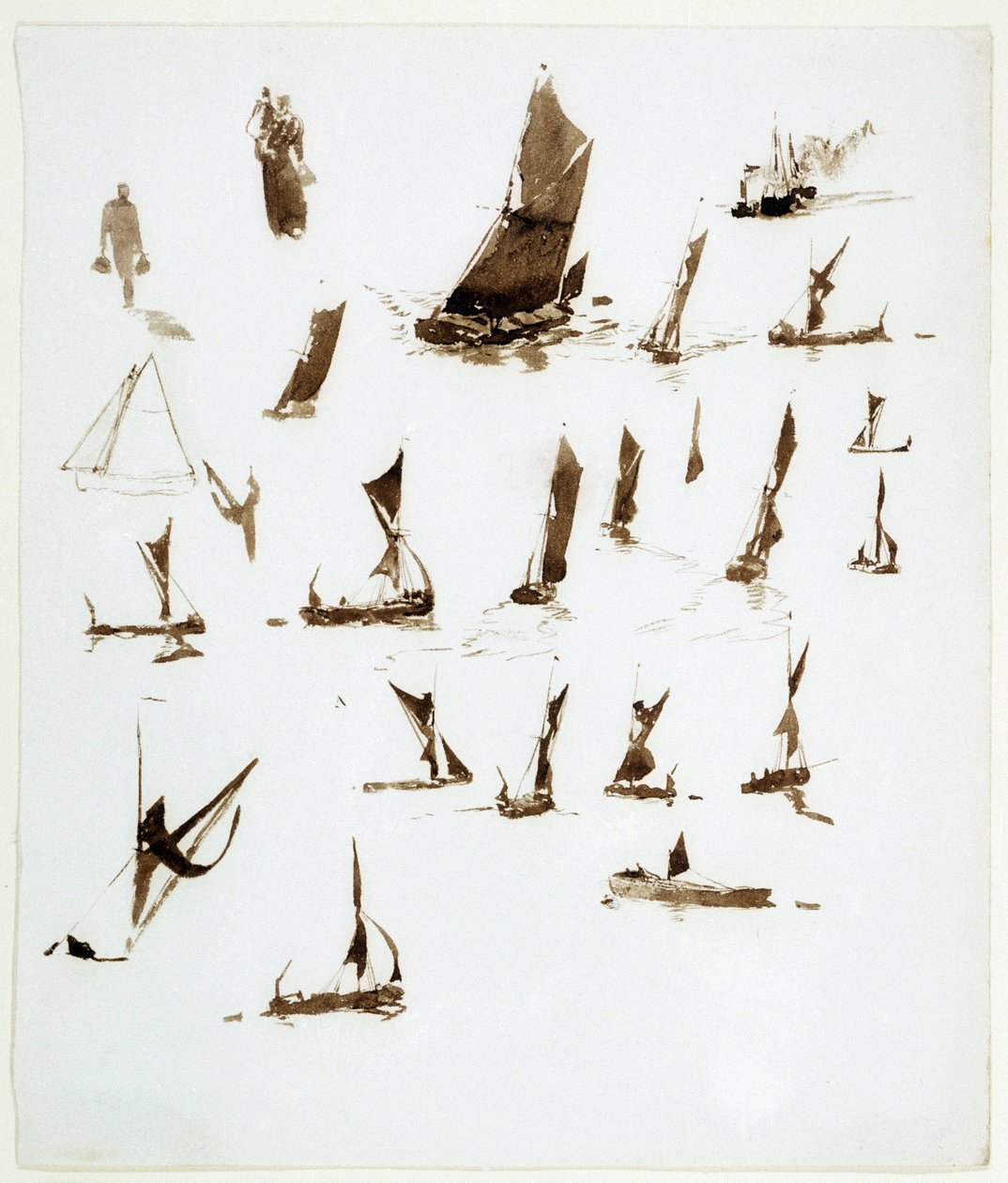 Studier af husbåde på Themsen (England). Gouache fra en notesbog, ca. 1890, af William Lionel Wyllie (1851-1931). af William Lionel Wyllie