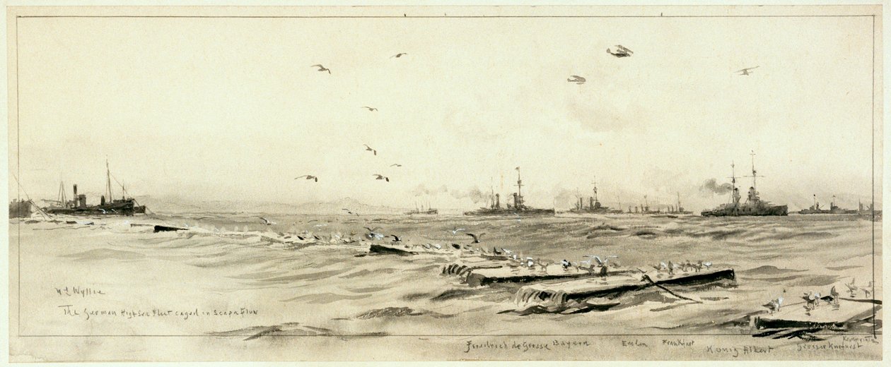 Den tyske højsøflåde i bur i Scapa, ca. 1918 (wash, grå, fremhævet med hvid) af William Lionel Wyllie