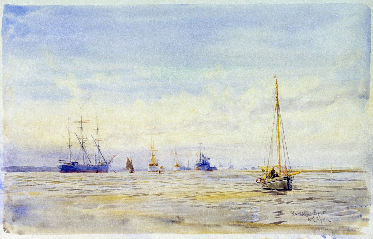 Hamble-floden (England) og sejlads. Akvarel, slutningen af 1800-tallet, af William Lionel Wyllie (1851-1931). af William Lionel Wyllie