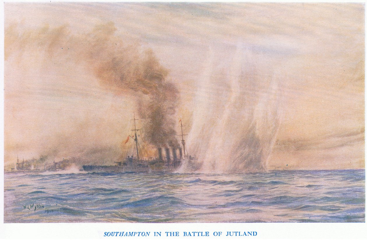 Southampton i slaget ved Jylland, fra Cassells History of the British People udgivet af Waverley Book Company Limited, ca. 1940 af William Lionel Wyllie