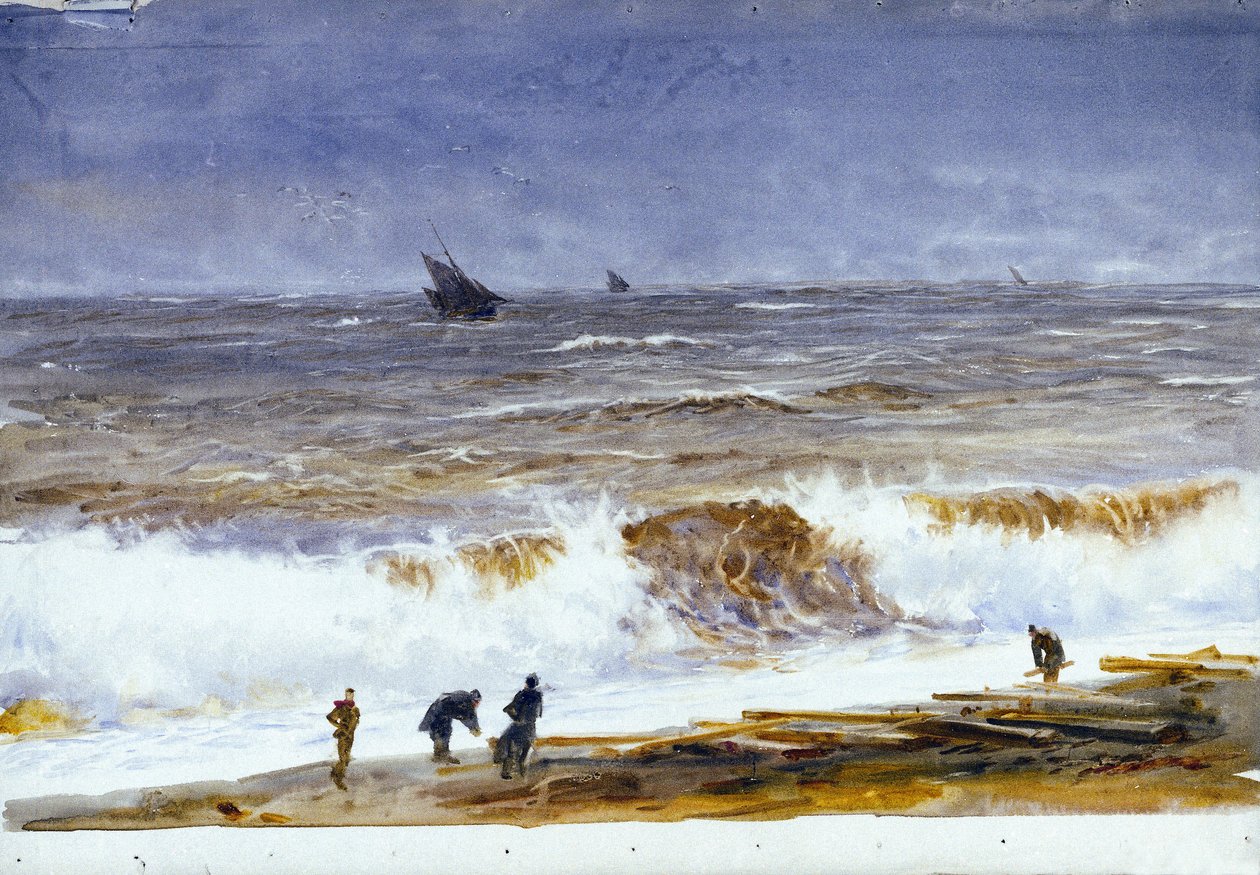 Stranden i Berck sur mer (Berck-sur-Mer) (Frankrig) med oprørt hav og personer på stranden. Akvarel, efter 1890, af William Lionel Wyllie (1851-1931). af William Lionel Wyllie