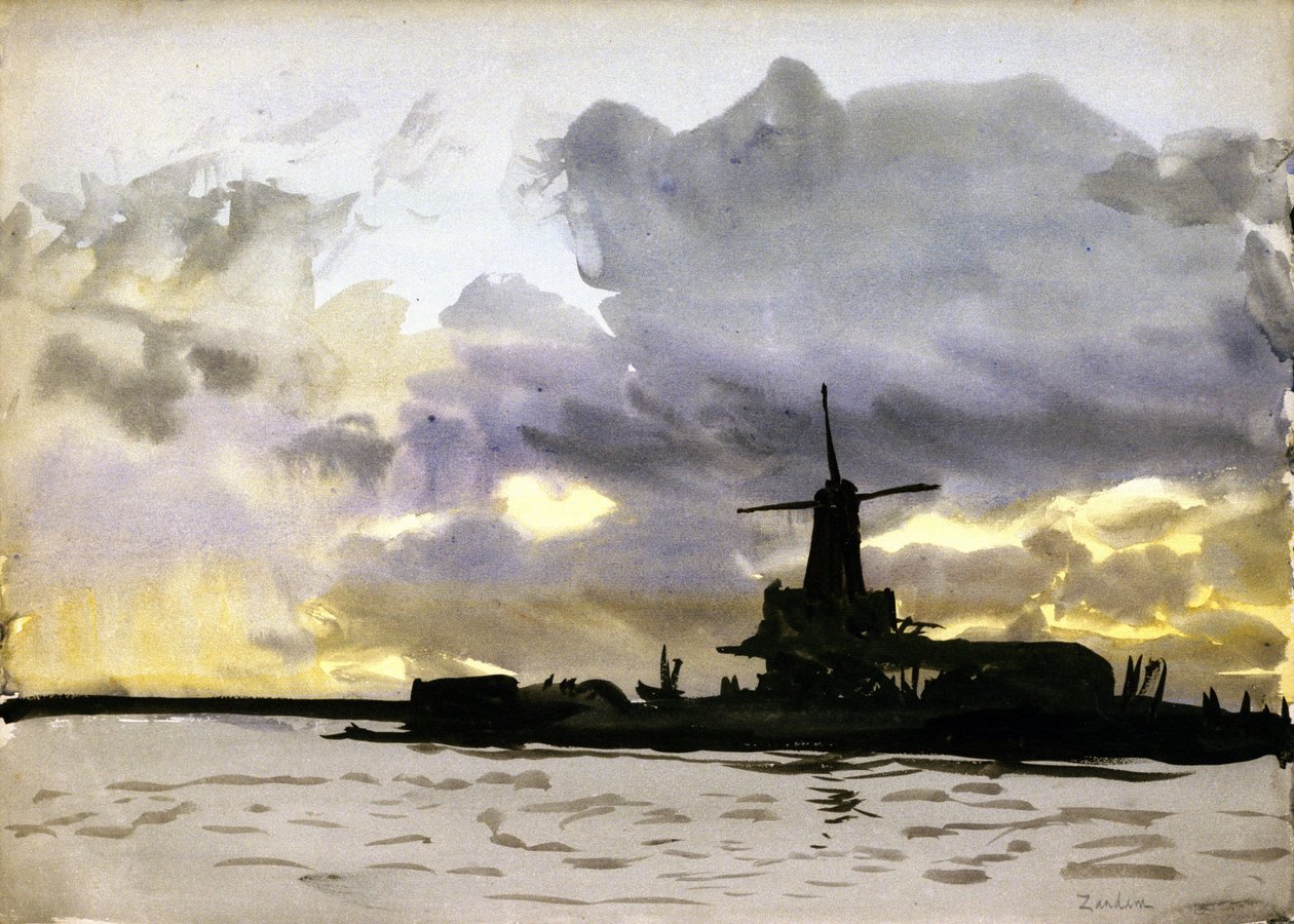 Vindmøllen i Zaandam, nord for Amsterdam (Holland). Akvarel af William Lionel Wyllie