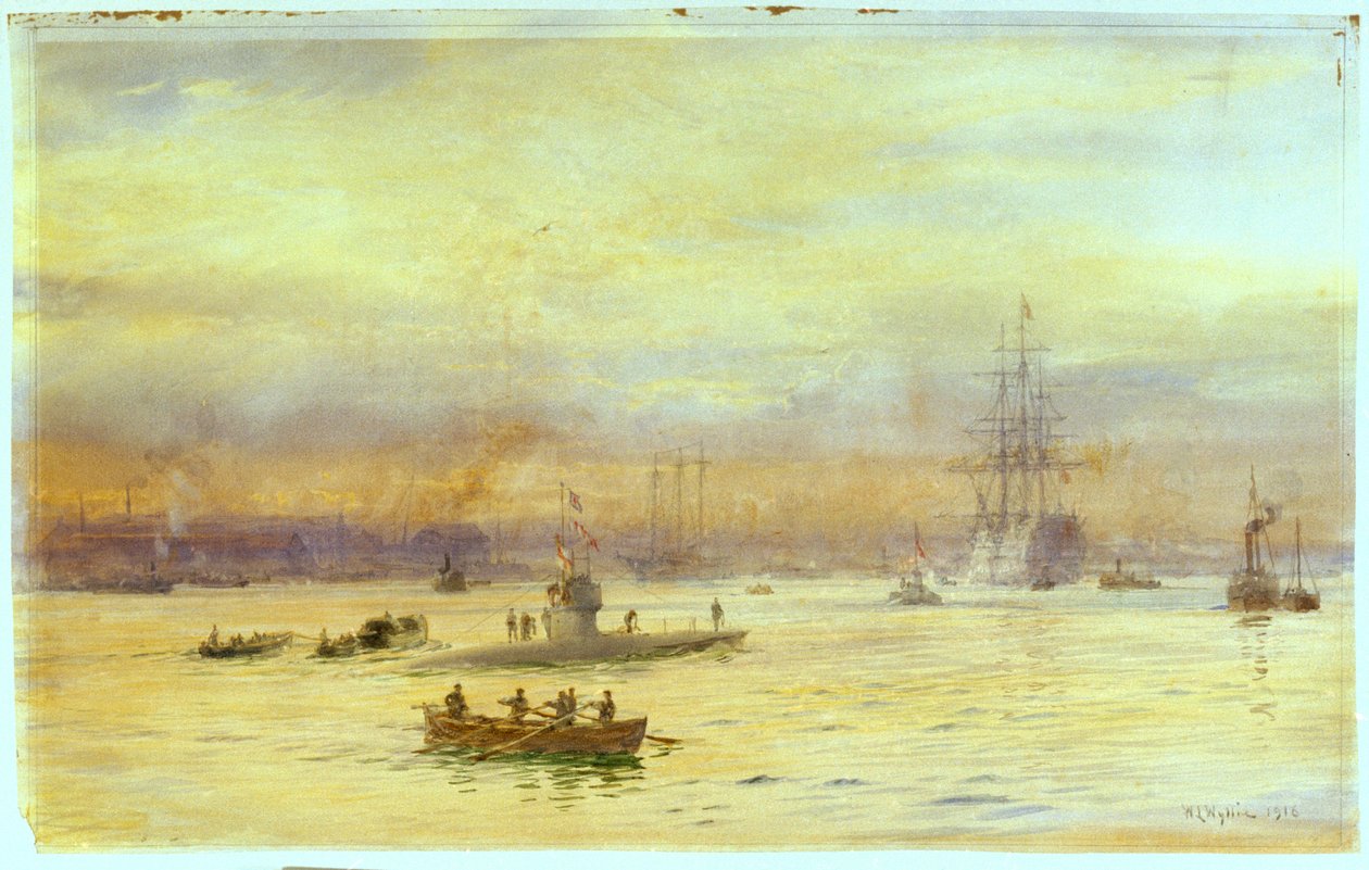 Dette billede viser havnen på Gosport-siden, hvor en ubåd er på vej ind, med en anden foran sig. af William Lionel Wyllie