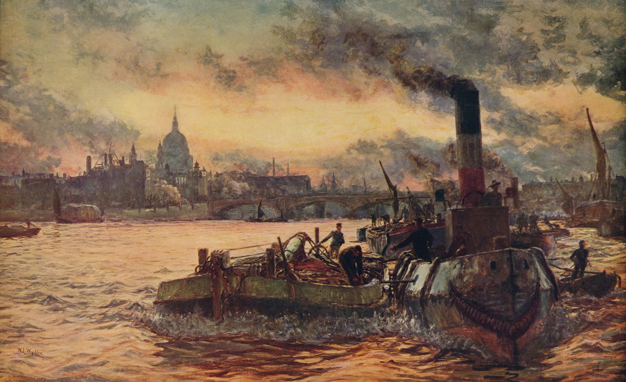 Slæb forbi byen, c1870-1880, c1915 af William Lionel Wyllie