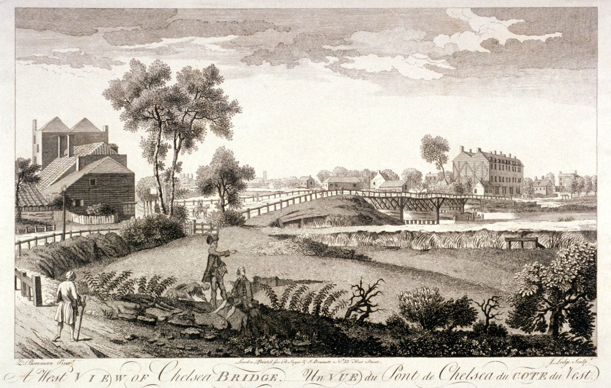 Vestudsigt over Chelsea Bridge, London, c1760 af William Lodge