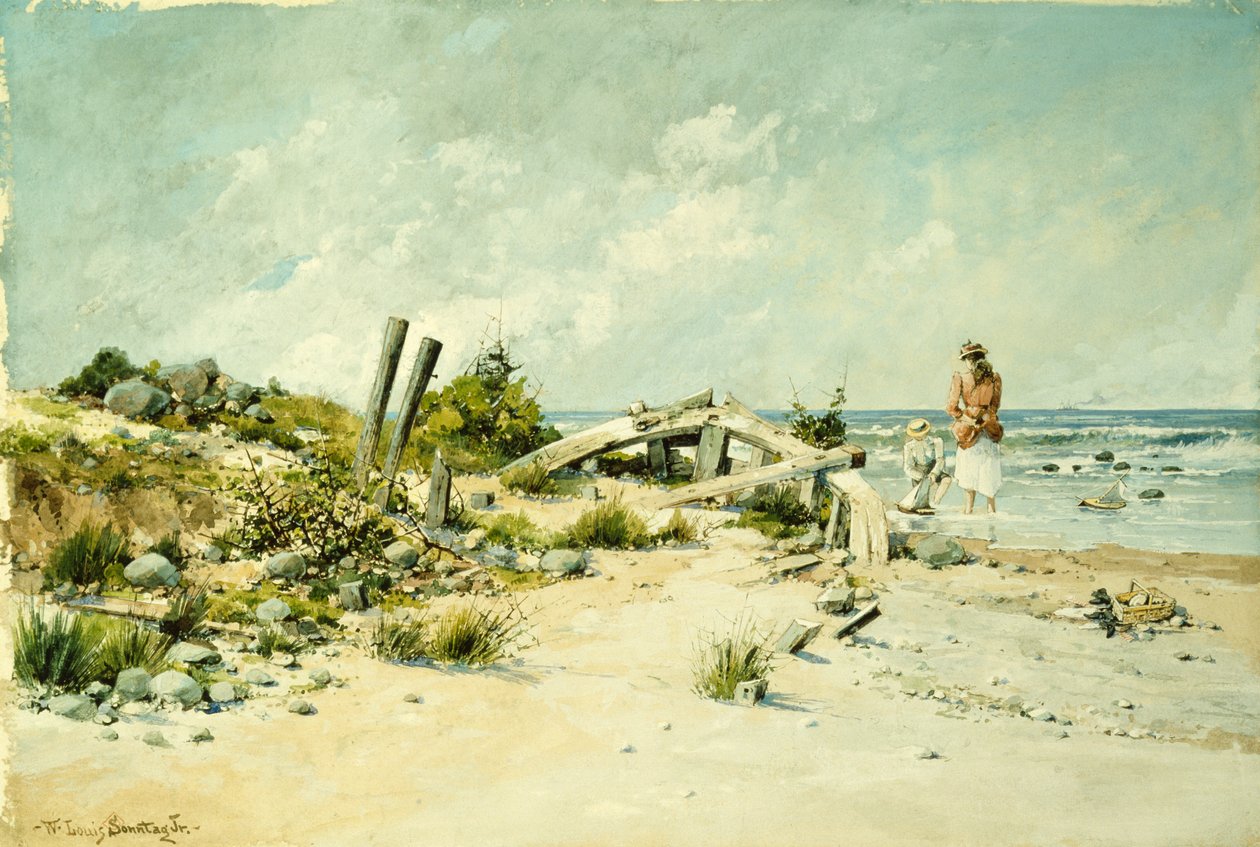 Strandleg (akvarel og gouache) af William Louis Jnr. Sonntag
