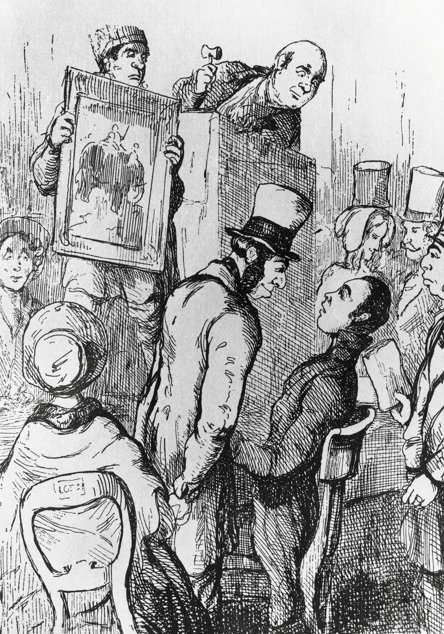 Elephant for Sale, illustration til det 17. kapitel af Vanity Fair, roman af William Makepeace Thackeray (1811-1863), gravering efter tegning af William Makepeace Thackeray (1811-1863), udgivet i Chicago i 1882 af William Makepeace Thackeray