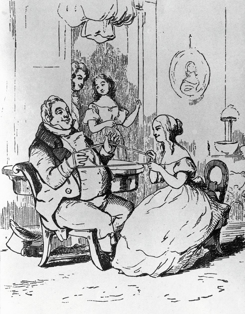 Mr. Joseph Sedley viklet ind af Becky Sharp, illustration til 1. kapitel af Vanity Fair, roman af William Makepeace Thackeray (1811-1863), gravering efter tegning af William Makepeace Thackeray (1811-1863), udgivet i Chicago i 1882 af William Makepeace Thackeray