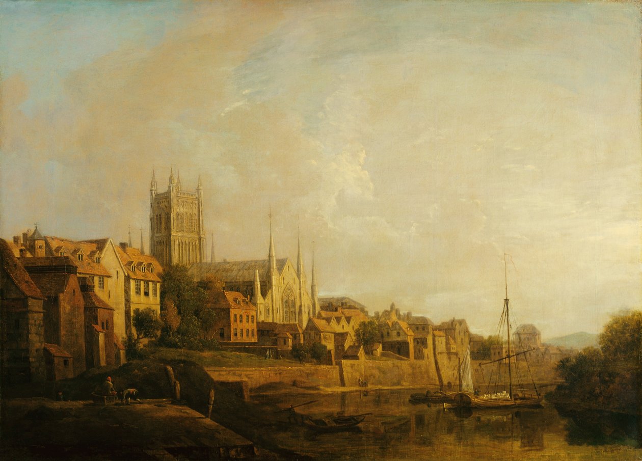 Udsigt over Worcester Cathedral fra floden (olie på lærred) af William Marlow