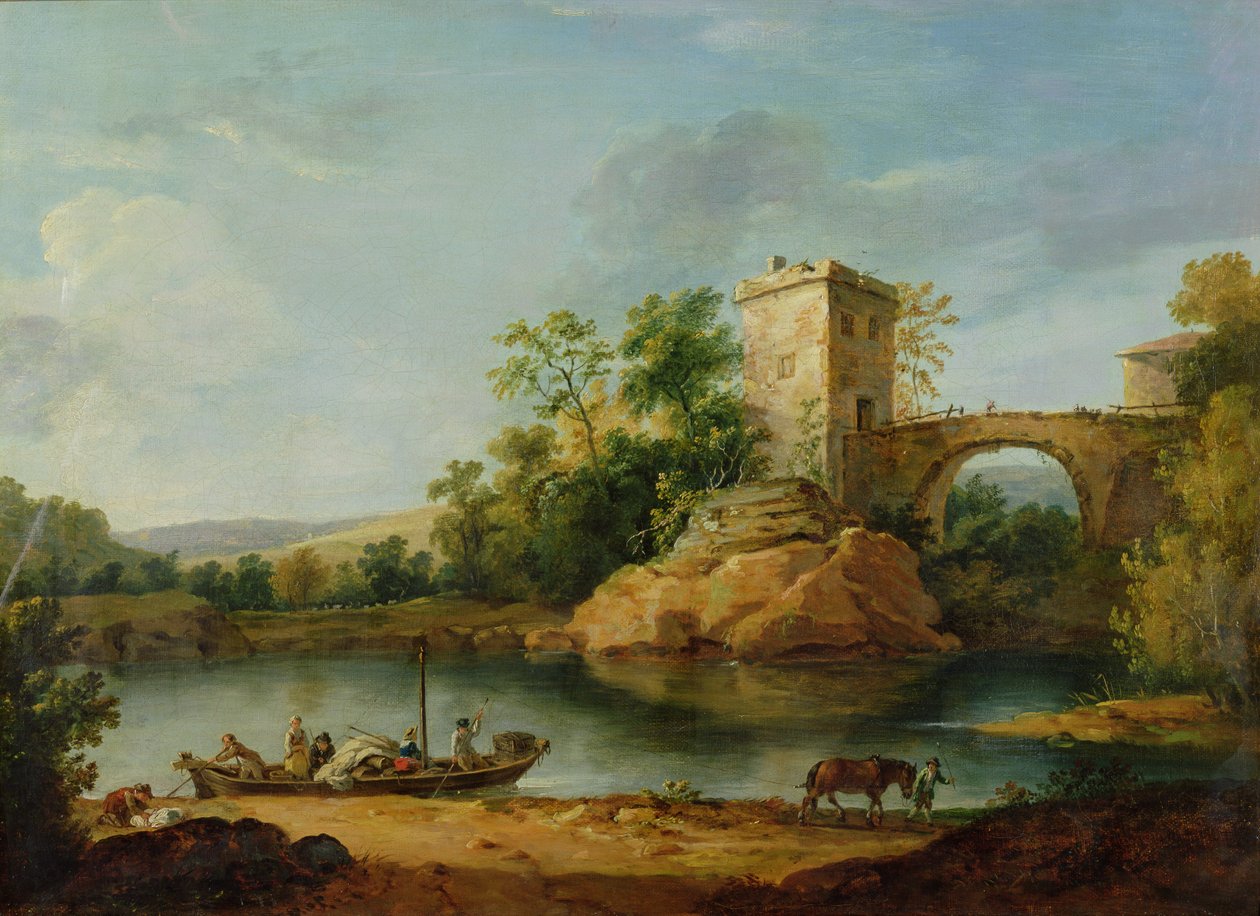 Et skovklædt italiensk flodlandskab med bønder i en pram og en bro hinsides, ca. 1770 (akvarel) af William Marlow