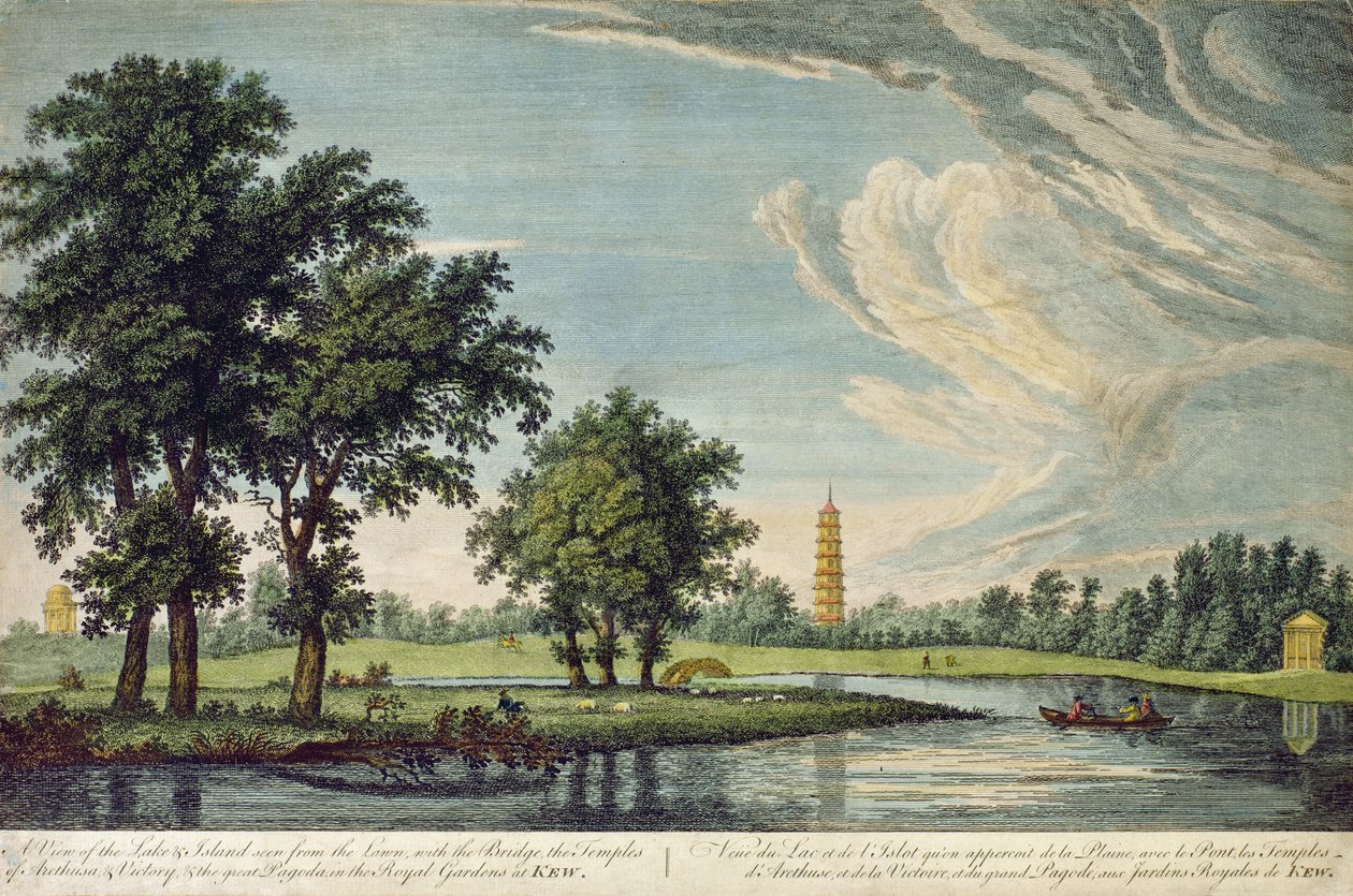 Kew, en udsigt over søen og øen set fra græsplænen, med broen, templerne Arethusa og Victory og den store pagode i den kongelige have i Kew af William Marlow