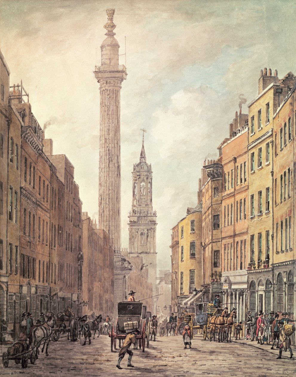 Udsigt over Fish Street Hill, Monument og St. Magnus the Martyr fra Gracechurch Street, London, 1795 (håndfarvet gravering) af William Marlow