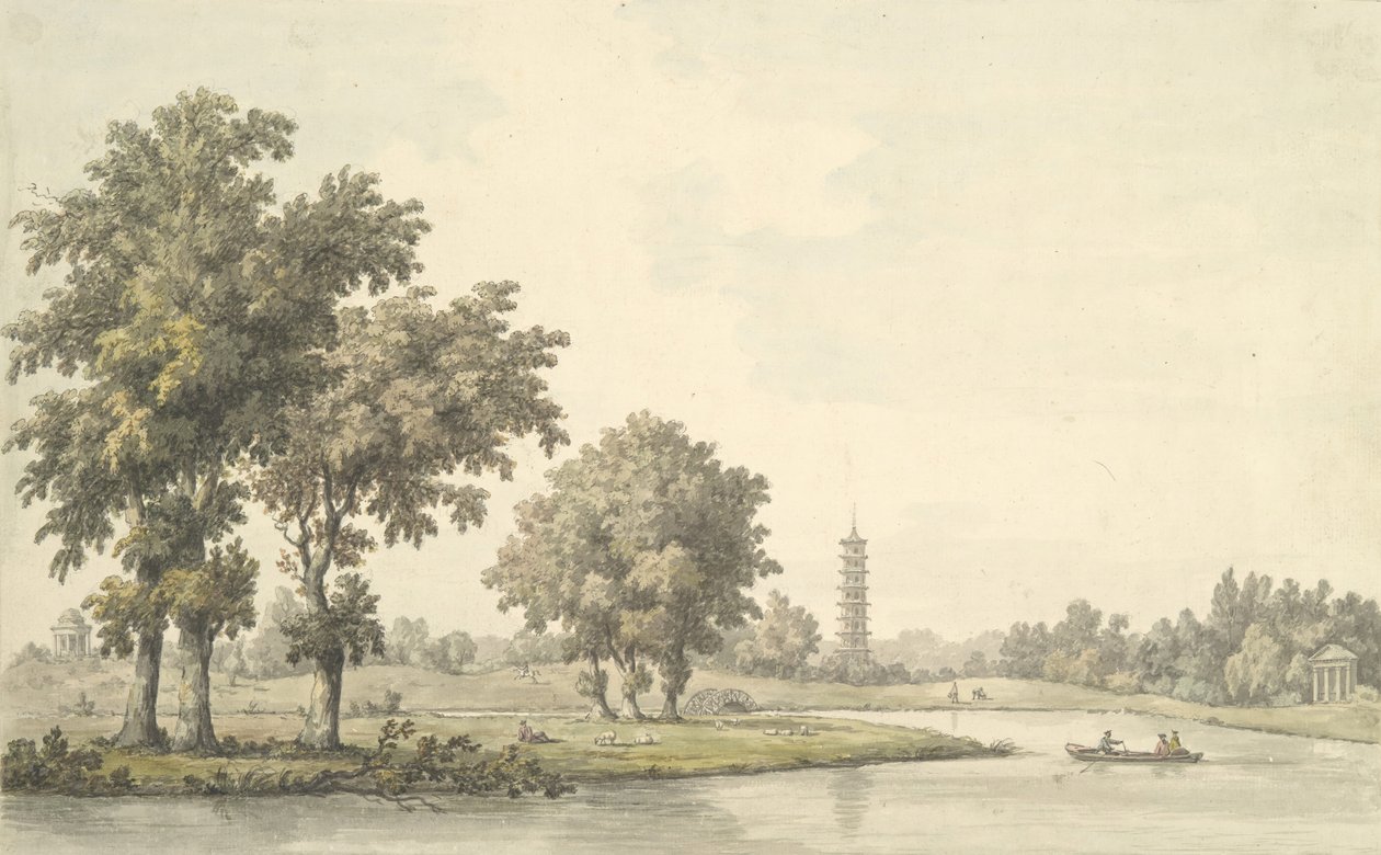 Udsigt over søen og øen fra græsplænen ved Kew, 1763. af William Marlow