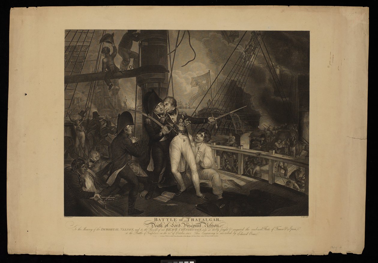Slaget ved Trafalgar og Lord Viscount Nelsons død af William Marshall (after) Craig