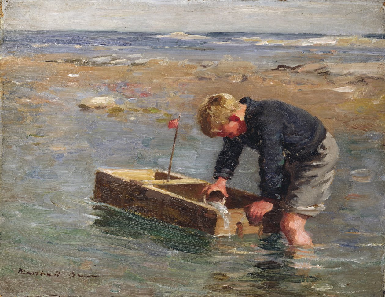 Bailing Out the Boat (olie på lærredsplade) af William Marshall Brown