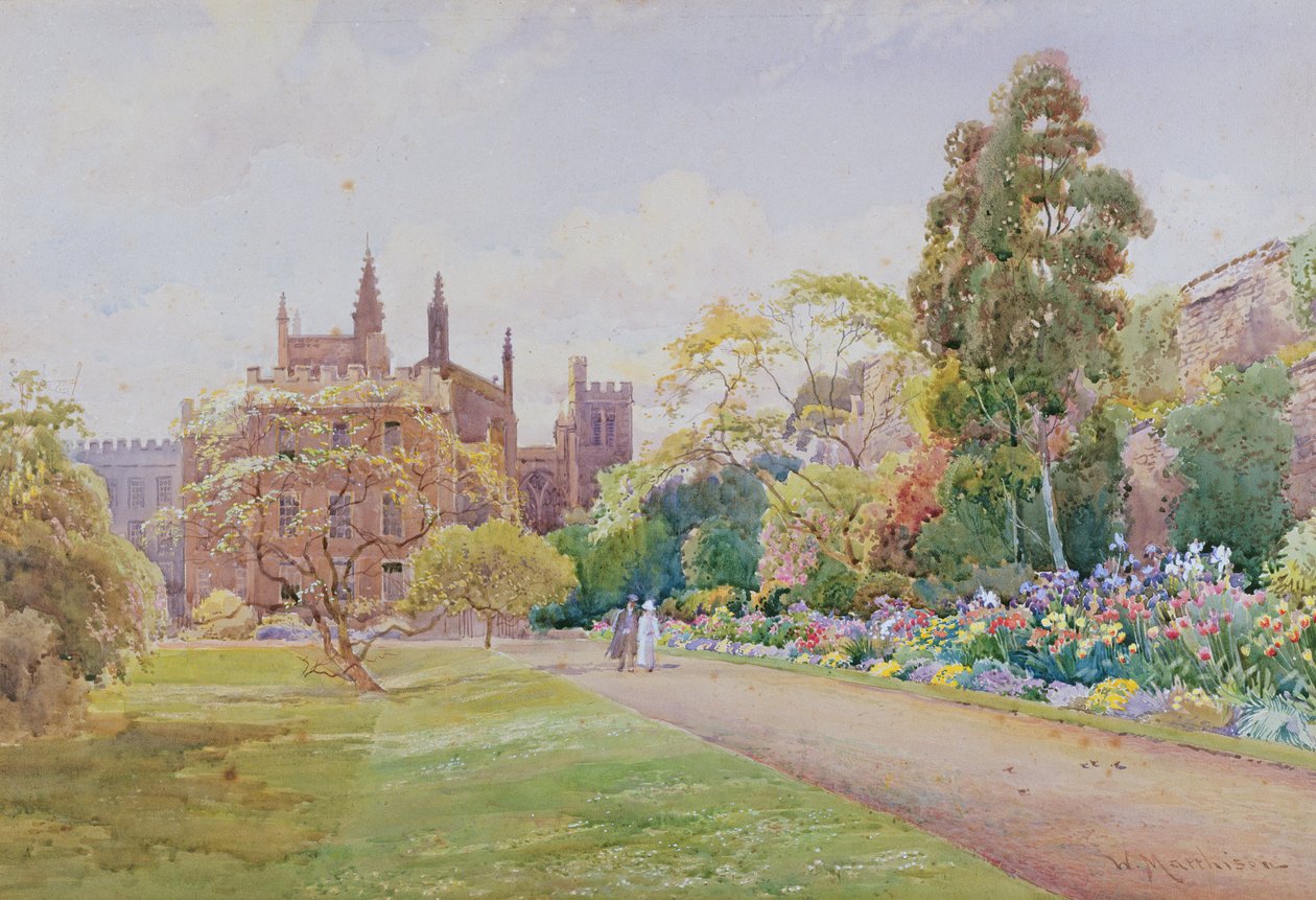 Den lange gåtur og blomsterkanten i maj - New College, Oxford, ca. 1918 af William Matthison